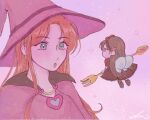  2girls brown_hair chocolat_(yumeiro) chocolat_meilleure commentary_request earrings eye_contact fork green_eyes hat highres holding holding_fork jewelry korean_commentary long_hair looking_at_another magical_girl mini_person minigirl multiple_girls mysweetdream_15 orange_hair pink_background sidelocks signature simple_background sugar_sugar_rune upper_body witch_hat yumeiro_patissiere 