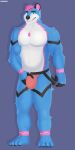 absurd_res anthro bear blue_body clothing dh_(character) fur green_eyes hair hi_res jockstrap male male/male mammal musclegut muscular pink_hair smile solo solo_focus underwear white_body white_chest white_fur zaykowo