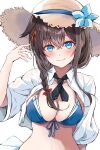  1girl bikini blue_bikini blue_eyes braid breasts brown_hair cleavage dairyo3 front-tie_bikini_top front-tie_top hair_between_eyes hair_flaps hat highres kantai_collection long_hair medium_breasts navel official_alternate_costume shigure_(kancolle) shigure_kai_san_(kancolle) shigure_kai_san_(swimsuit)_(kancolle) shirt single_braid solo straw_hat swimsuit upper_body white_shirt 