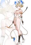 1girl absurdres alternate_costume animal_ears bare_shoulders bikini black_bikini black_gloves black_socks blonde_hair blue_archive blue_eyes cat_ears cat_girl cat_tail closed_mouth commentary_request fingerless_gloves gloves hair_bun highres holding holding_staff kneehighs korean_commentary looking_at_viewer pelvic_curtain shoes socks solo staff swimsuit tail toki_(blue_archive) weiiew white_bikini white_shoes zoom_layer 