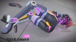  1girl 3d agent_mirai anal ass black_bodysuit blender_(medium) bodysuit cameltoe from_behind gun handgun headphones high_heels highres impossible_bodysuit impossible_clothes lying mask mirai_(agent_mirai) on_side personality_excrement ponytail solo umaaji_lady_mk2 weapon 