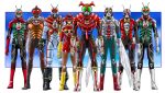  1girl 6+boys antennae armor belt bodysuit boots breasts bug electro_wave_human_tackle gloves glowing glowing_eyes green_armor green_eyes helmet highres horns kamen_rider kamen_rider_(1st_series) kamen_rider_1 kamen_rider_2 kamen_rider_amazon kamen_rider_amazon_(series) kamen_rider_stronger kamen_rider_stronger_(series) kamen_rider_v3 kamen_rider_v3_(series) kamen_rider_x kamen_rider_x_(series) kamen_rider_zeztz_(series) looking_at_viewer male_focus mask multiple_boys red_eyes red_scarf rider_belt riderman scarf single_horn solo standing taiga_hiroyuki tokusatsu typhoon_(kamen_rider) 