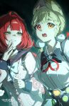  2girls alice_thymefield animal_ears black_bow black_bowtie black_choker black_sailor_collar blonde_hair bow bowtie cardigan chest_bow choker collared_shirt green_eyes hair_ornament heterochromia highres long_hair multiple_girls open_mouth pink_cardigan pom_pom_(clothes) pom_pom_hair_ornament rabbit_ears red_hair sailor_collar shirt smile so_zei_tama_tama tears ukinami_yuzuha upper_body white_bow white_bowtie white_shirt zenless_zone_zero 