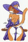 2025 anthro biped blue_eyes butt butt_focus choker clothed clothing clothing_lift domestic_cat dress dress_lift felid feline felis female fur hair hat headgear headwear hi_res jewelry looking_at_viewer magic_user mammal necklace orange_hair panties purple_clothing rear_view signature simple_background solo tan_body tan_fur underwear white_background witch witch_costume witch_hat zaeryn