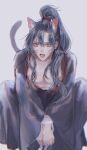  1boy ahoge animal_ear_fluff animal_ears bare_pectorals bishounen black_hair black_hanfu blurry bound bound_wrists cat_boy cat_ears cat_tail chinese_clothes chromatic_aberration collarbone eyelashes fangs feet_out_of_frame grey_background grey_eyes hair_between_eyes hair_ribbon hanfu high_ponytail highres kemonomimi_mode long_hair long_sleeves looking_at_viewer male_focus modao_zushi nipples ojisan_rbt open_clothes open_mouth open_robe pectorals ponytail red_ribbon ribbon robe sidelocks simple_background solo squatting tail tongue twitter_username wei_wuxian white_background wide_sleeves 