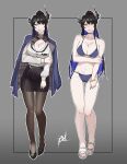  1girl absurdres alternate_costume asymmetrical_horns bikini black_hair black_horns black_pantyhose black_skirt blue_bikini blue_hair blue_jacket blush bracelet breasts closed_mouth colored_inner_hair grey_background hashtag-only_commentary high_ponytail highres hololive hololive_english horns jacket jacket_on_shoulders jewelry juuuudo large_breasts multicolored_hair navel nerissa_ravencroft nerissa_ravencroft_(casual) nose_blush office_lady official_alternate_costume official_alternate_hairstyle pantyhose ponytail red_eyes sandals shirt skirt swimsuit virtual_youtuber white_shirt 
