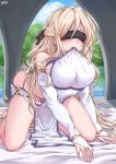  1girl absurdres ass b7669726 bangs bare_shoulders bed bed_sheet blindfold blonde_hair blush breasts commentary_request covered_eyes detached_sleeves dress eyebrows_visible_through_hair forest goblin_slayer! highres jewelry kneeling large_breasts long_hair long_sleeves nature open_mouth signature solo sword_maiden tree very_long_hair water white_bed_sheet white_dress 
