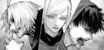  1girl 2boys ahoge amon_koutarou black_cloak black_hair black_nails black_sclera blonde_hair blood blood_on_mouth cloak colored_sclera heterochromia highres hood hooded_cloak injury lips long_sleeves looking_down mado_akira mismatched_sclera monochrome multiple_boys open_mouth parted_bangs parted_lips partially_shaded_face red_eyes sad shaded_face shadow short_hair stfr_(stfr_kaz) takizawa_seidou teeth tokyo_ghoul tokyo_ghoul:re white_hair 