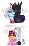 ambiguous_gender angry anthro arthropod black_body black_skin blue_body blue_clothing blue_eyes blue_shirt blue_skin blue_topwear brown_hair changeling clothing dialogue dress equid equine exoskeleton eyeshadow female feral friendship_is_magic fur group hair happy hasbro hi_res horn horse lopoddity makeup male mammal multicolored_hair my_little_pony mythological_creature mythological_equine mythology no_sclera ocellus_(mlp) pharynx_(mlp) pink_bow pink_clothing pink_dress purple_eyes red_eyeshadow sharp_teeth shirt smile speech_bubble teeth text topwear unicorn white_body white_fur yellow_body yellow_fur
