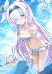  2girls alternate_costume alternate_hairstyle arona_(blue_archive) bikini black_hairband blank_eyes blue_archive blue_hair blush colored_inner_hair grey_eyes grey_hair hair_over_one_eye hair_ribbon hairband highres long_hair multicolored_hair multiple_girls nude ocean open_mouth partially_submerged pink_hair plana_(blue_archive) ponytail ribbon short_hair sidelocks swimsuit tears totororo two-tone_hair white_bikini white_hairband white_ribbon 