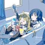 2girls ahoge black_pantyhose black_ribbon blonde_hair blue_hair bocchi_the_rock! bow bowtie closed_eyes eating english_text food holding holding_food holding_shaved_ice holding_shower_head holding_spoon ice_cream_spoon ijichi_nijika in_bathtub long_hair mole mole_under_eye multiple_girls neck_ribbon open_mouth pantyhose polka_dot_bowtie red_bow red_bowtie ree_(re-19) ribbon shirt shower_head spoon twitter_username utensil_in_mouth watermark wet wet_clothes white_shirt yamada_ryo 