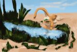 anthro cloud desert digital_drawing_(artwork) digital_media_(artwork) dragon egg feathered_wings feathers female fr3nesi fur furred_dragon furred_scalie glistening holding_egg holding_object mythological_creature mythological_scalie mythology oasis oasis_(fr3nesi) orange_body orange_fur plant reflection scalie shaded slightly_chubby solo water water_reflection wings