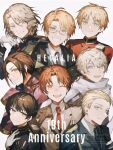  6+boys ahoge america_(hetalia) anniversary artist_name axis_powers_hetalia black_gloves black_jacket blonde_hair blue_eyes blue_jacket blue_necktie breast_pocket brown_coat brown_eyes brown_hair brown_jacket buttons china_(hetalia) closed_mouth coat collared_jacket collared_shirt commentary_request english_text facial_hair flag_print france_(hetalia) fur-trimmed_jacket fur_trim germany_(hetalia) glasses gloves green_eyes green_jacket grey-framed_eyewear grey_hair hair_between_eyes half-closed_eyes hand_on_own_chest hand_up highres italian_flag italian_flag_print jacket japan_(hetalia) lapels long_hair long_sleeves looking_at_viewer low_ponytail male_focus medal military_jacket military_uniform multiple_boys necktie northern_italy_(hetalia) one_eye_closed open_mouth orange_hair parted_bangs pink_jacket pocket ponytail purple_eyes red_jacket red_necktie red_sash russia_(hetalia) sash scarf semi-rimless_eyewear shirt short_hair sidelocks simple_background smile teeth united_kingdom_(hetalia) upper_body watermark wavy_hair white_background white_gloves white_sash white_scarf white_shirt wide_sleeves yellow_eyes yu_kari_to 