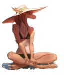 anthro bikini bikini_bottom bikini_top biped bottomwear breasts brown_body brown_fur claws clothed clothing crossed_legs digital_media_(artwork) female female_anthro front_view fur furred_scalie green_eyes hair hat headgear headwear hilachev lethal_doors looking_aside markings scalie sickle_claw simple_background sitting skimpy smile solo spots spotted_body spotted_fur swimwear tan_body tan_fur tavi_(maaarked_one) toe_claws topwear two-piece_swimsuit wide_brimmed_hat