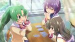  3girls artist_request blush brown_eyes brown_hair brown_jacket card chair clannad closed_eyes crossover curtains desk fujibayashi_kyou game_cg green_eyes green_hair hands_on_own_face highres higurashi_no_naku_koro_ni higurashi_no_naku_koro_ni_mei hikarizaka_private_high_school_uniform ibuki_fuuko jacket long_hair long_sleeves multiple_girls non-web_source official_art open_mouth playing_card ponytail purple_hair school_uniform short_hair sitting smile sonozaki_mion sparkle window 