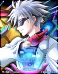  1boy black_shirt card coat cool_boy_(digimon) digimon digimon_(creature) digimon_card_game digimon_liberator grey_hair highres holding holding_card omegamon omegamon_x-antibody profile red_vest setsu_blue shirt short_hair solo_focus sunglasses trading_card upper_body vest white_coat 