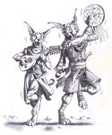 0laffson 2025 4_toes 5_fingers ambiguous_gender anklet anthro armband azad_(0laffson) barefoot belt biped bottomwear bracelet caracal caracal_(genus) clothed clothing dancing digitigrade duo ear_piercing ear_ring ear_tuft facial_markings fangs feet felid feline fingers foot_wraps fully_clothed graphite_(artwork) happy head_markings hi_res inner_ear_fluff jewelry knife knife_sheath lute lynx mammal markings monochrome musical_instrument neck_tuft one_foot_up open_mouth open_smile pants piercing playing_drum playing_lute playing_music plucked_string_instrument pointy_ears ribbons ring_piercing sash scarf shadi_(0laffson) shirt signature smile spots string_instrument striped_markings striped_tail stripes tail tail_markings teeth toes topwear traditional_media_(artwork) tuft tunic wraps