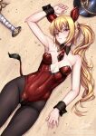  1girl adsouto animal_ears arm_up beach blonde_hair breasts collarbone covered_navel detached_collar fake_animal_ears fake_tail helmet highres leotard long_hair looking_at_viewer luciana_de_montefio lying medium_breasts necktie on_back pantyhose playboy_bunny red_eyes red_leotard red_necktie sand side_ponytail signature solo strapless strapless_leotard tail unworn_headwear unworn_helmet variant_set very_long_hair wrist_cuffs zenless_zone_zero 