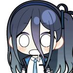  1girl animated animated_gif aqua_necktie aris_(blue_archive) black_jacket blue_archive blue_hair blue_hairband blue_jacket blush_stickers chibi chunye_haruya collared_shirt dot_nose drooling hair_between_eyes hairband jacket long_bangs long_hair long_hair_between_eyes looking_at_viewer lowres mouth_drool multicolored_jacket necktie one_side_up open_clothes open_jacket open_mouth school_uniform second-party_source shirt simple_background solid_circle_eyes solo transparent_background upper_body white_jacket white_mouth white_shirt 