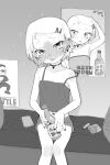  1girl :p absurdres alcohol bare_shoulders blush camisole choker drunk ear_piercing erika_(kusa_mori) flat_chest greyscale highres kusamori looking_at_viewer monochrome original piercing short_hair short_shorts shorts sitting smile strap_slip tongue tongue_out 