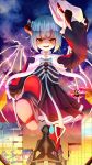 6+girls bungo_yayoi fake_horns giant giantess green_hair hat heaven_burns_red highres holmes_hvbn horns kanzaki_adelheid long_sleeves multiple_girls night open_mouth sakuraba_seira satsuki_mari short_hair team_31c_(heaven_burns_red) tenne_miko white_hair wings yamawaki_bon_ivar yellow_eyes 