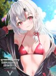  1girl :3 absurdres arm_up armpits bare_shoulders beach bikini black_jacket blue_sky blush breasts cleavage collarbone commentary_request day dot_nose flower_knot hair_ribbon head_tilt highres hololive horns jacket lens_flare light_particles long_hair looking_at_viewer multicolored_hair nakiri_ayame navel o-ring o-ring_bikini o-ring_top off_shoulder oni open_clothes open_jacket outdoors red_eyes red_hair red_ribbon ribbon sidelocks sky small_breasts smile solo streaked_hair swimsuit two-tone_hair very_long_hair virtual_youtuber wakaunderblade7 watermark white_hair 