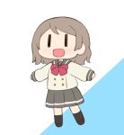  1girl black_eyes bow bowtie brown_hair buttons chibi grey_hair grey_sailor_collar grey_skirt loafers long_sleeves love_live! love_live!_sunshine!! miyako_hito necktie pleated_skirt red_bow red_bowtie red_necktie sailor_collar school_uniform serafuku shoes short_hair simple_background skirt socks solo uranohoshi_school_uniform watanabe_you wavy_hair white_background winter_uniform 