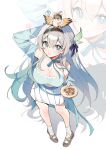  1girl ? @_@ absurdres alternate_costume animal_on_head ankle_socks aqua_coat aqua_hair aqua_shirt arm_behind_head arm_up bare_shoulders bird bird_on_head black_hairband breasts brown_shoes cleavage closed_mouth coat commentary_request crop_top firefly_(honkai:_star_rail) food from_above full_body gou_lianlian_dogface gradient_hair green_pupils grey_hair hair_ornament hairband halterneck highres holding holding_plate honkai:_star_rail honkai_(series) large_breasts long_hair looking_at_viewer multicolored_eyes multicolored_hair navel neck_ribbon off_shoulder on_head open_clothes open_coat plate pleated_skirt ribbon shadow shirt shoes signature simple_background skirt smile socks speech_bubble spoken_question_mark trailblazer_(honkai:_star_rail) trailblazer_(trailbirder)_(honkai:_star_rail) two-tone_eyes very_long_hair white_background white_skirt white_socks zoom_layer 