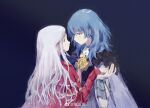  2girls absurdres badge cape edelgard_von_hresvelg female_byleth_(fire_emblem) fire_emblem fire_emblem:_three_houses green_hair highres long_hair multiple_girls purple_eyes rerain tears white_hair yuri 
