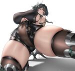  1girl absurdres aether_gazer arms_behind_back bare_shoulders belt black_gloves black_hair black_leotard black_thighhighs breasts cameltoe cleavage_cutout clothing_cutout covered_navel elbow_gloves gloves hair_ornament highres huge_breasts leaning_back leotard long_hair looking_at_viewer multiple_belts partially_fingerless_gloves purple_eyes shuiruoqing skindentation solo spread_legs taut_leotard thick_thighs thighhighs thighs underboob underboob_cutout yingzhao_(aether_gazer) 