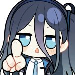  1girl animated animated_gif aqua_eyes aqua_necktie aris_(blue_archive) black_jacket blue_archive blue_hair blue_hairband blue_jacket blush_stickers chibi chunye_haruya collared_shirt d: disembodied_hand dot_nose fourth_wall hair_between_eyes hairband jacket jitome long_bangs long_hair long_hair_between_eyes looking_at_viewer lowres lucky_star multicolored_jacket necktie one_side_up open_clothes open_jacket open_mouth parody poking pov school_uniform second-party_source shirt simple_background solo transparent_background upper_body v-shaped_eyebrows white_jacket white_shirt 