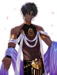  1boy abs absurdres arjuna_(fate) arjuna_(fgo_fes._2025)_(fate) black_eyes black_hair commentary_request dark-skinned_male dark_skin detached_sleeves dnstar_1019 earrings fate/grand_order fate_(series) gold_armlet gold_earrings gold_necklace highres jewelry korean_commentary looking_at_viewer male_focus necklace purple_shawl see-through_clothes shawl sleeveless solo upper_body wavy_hair 