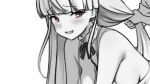  1boy 1girl alternate_costume blunt_bangs blush breasts choker cleavage dress eckert&amp;eich grabbing_another&#039;s_hair implied_sex kantai_collection kirov_(kancolle) long_hair looking_at_viewer open_mouth red_eyes simple_background upper_body white_background white_choker white_dress 