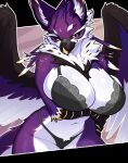2025 abstract_background anthro arm_under_breasts avian beak big_breasts bird black_bra black_clothing black_panties black_sclera black_underwear bra breasts budoti cleavage clothed clothing eyebrows eyelashes feathered_wings feathers female hi_res huge_breasts looking_at_viewer midriff multicolored_body multicolored_feathers panties purple_body purple_feathers smile solo two_tone_body two_tone_feathers underwear white_body white_feathers wings