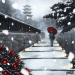  1boy aqua_kimono architecture black_hair black_jacket black_socks bush camellia copyright_name dairoku_ryouhei east_asian_architecture fence flower full_body hair_between_eyes haori holding holding_umbrella jacket japanese_clothes kimono long_hair long_sleeves looking_to_the_side low_ponytail male_focus oil-paper_umbrella open_clothes open_jacket outdoors ponytail red_flower red_umbrella sandals scallgo scenery snow snowing socks solo standing stone_lantern stone_wall tabi totsuki_aya tower tree umbrella zouri 
