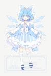  1girl absurdres back_bow blue_bow blue_dress blue_eyes blue_hair blue_shoes blush bow bowtie cirno closed_mouth collared_dress commentary contrast_collar detached_wings dress frilled_dress frilled_socks frills full_body grey_background hair_bow highres ice ice_wings kneehighs long_sleeves looking_at_viewer nikorashi-ka shoes short_hair simple_background socks solo standing symbol-only_commentary touhou watermark white_bow white_bowtie white_socks wings 