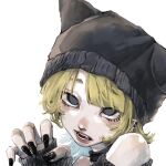  1girl animal_ear_headwear animal_ears bare_shoulders beanie black_choker black_hat black_nails blonde_hair choker claw_pose ear_piercing fang fingernails grey_eyes hat highres looking_at_viewer medium_hair ninjin_14 no_pupils open_mouth original piercing portrait simple_background solo white_background 
