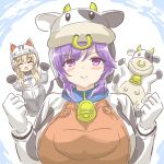  2girls :o absurdres alternate_costume animal animal_costume animal_ears animal_print bell blonde_hair blush breasts cat_ears closed_eyes cosplay cow_costume cow_horns cow_print cowbell crossover gloves hair_ornament hairpin hands_up happy helmet highres hood hoodie horns large_breasts long_sleeves marihei64ds mario_(series) mario_kart mizuori_shizuku moo_moo_(mario) multiple_girls neck_bell open_mouth purple_eyes purple_hair short_hair sidelocks simple_background smile solo_focus stuffed_toy summer_pockets tsumugi_wenders upper_body white_gloves x_hair_ornament 