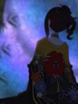  1girl black_hair chiori_(genshin_impact) choker from_behind genshin_impact hair_ornament hair_stick haori highres japanese_clothes short_sleeves side_ponytail solo upper_body utugi_fa 