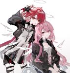  2girls arknights black_jacket exusiai_(arknights) exusiai_the_new_covenant_(arknights) halo highres jacket lemuen_(arknights) long_hair looking_at_viewer motoharu_(motoharuuuu) multiple_girls official_alternate_costume official_alternate_hairstyle pink_eyes pink_hair red_hair siblings simple_background sisters thighhighs thighs wheelchair white_background white_thighhighs yellow_eyes 