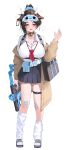  1girl 82jhin absurdres animal_ears bandaid bandaid_on_knee bandaid_on_leg bell belt belt_buckle belt_pouch black_choker black_skirt blue_belt blue_eyes blue_scrunchie blush breasts brown_cardigan brown_hair buckle cardigan chest_harness choker cleavage collarbone commentary_request cow_ears cow_girl cow_horns crossed_bandaids ear_tag full_body grey_bag gun hair_ornament hair_scrunchie hand_up harness highres holding holding_gun holding_weapon horns large_breasts long_sleeves looking_at_viewer loose_necktie neck_bell necktie open_cardigan open_clothes open_mouth original pleated_skirt pouch red_necktie scrunchie shirt short_hair simple_background skirt sleep_mask slippers socks solo squeans standing teeth thigh_strap upper_teeth_only weapon white_background white_shirt white_socks 