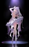  1girl absurdres alternate_costume arm_up ass backless_dress backless_outfit ballerina ballet ballet_slippers black_background black_tiara breasts bright_pupils bug butterfly castorice_(honkai:_star_rail) dancer dress dress_flower elbow_gloves flower full_body garter_straps gloves grey_hair hair_flower hair_ornament highres honkai:_star_rail honkai_(series) long_hair looking_at_viewer multicolored_hair parted_lips pointy_ears purple_butterfly purple_eyes purple_hair reflection simple_background solo thighhighs tiara upskirt veil very_long_hair white_dress white_flower white_garter_straps white_gloves white_pupils white_thighhighs white_veil yolanda 
