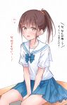  1girl blue_skirt blush bow brown_eyes brown_hair collarbone desk embarrassed hair_between_eyes hair_ornament hairclip highres kutatsu_(kutatsu7) long_hair looking_at_viewer on_desk open_mouth original pleated_skirt ponytail sailor_collar school_desk school_uniform shirt short_sleeves simple_background sitting skirt solo sweat sweatdrop white_sailor_collar white_shirt 