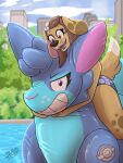 3:4 absurd_res anthro bikini bird_dog canid canine canis city clothing domestic_dog female golden_retriever hi_res hunting_dog lagomorph leporid mammal permagrin pool pool_toy public rabbit retriever solo swimwear therazzdazzler11 trans_(lore) trans_woman_(lore) two-piece_swimsuit