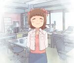  1girl amami_haruka arms_behind_back blue_skirt brown_hair closed_eyes closed_mouth cowboy_shot facing_viewer hair_ribbon highres idolmaster idolmaster_(classic) idolmaster_1 indoors jacket long_sleeves office open_clothes open_jacket pink_ribbon pink_shirt ribbon see-through_body shirt short_hair skirt smile solo standing tsubobot white_jacket 