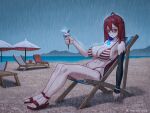  1girl abs ahoge alternate_costume bikini black_sleeves blue_fire blue_hair breasts chair cleavage closed_mouth colored_inner_hair commentary content_rating detached_sleeves elizabeth_rose_bloodflame english_commentary fire fire_on_chest full_body hair_between_eyes hand_up highleg highleg_bikini highres holding holding_ice_cream_cone hololive hololive_english huge_ahoge ice_cream_cone large_breasts long_hair looking_at_viewer multi-strapped_bikini_bottom multicolored_hair navel on_chair outdoors rain red_eyes red_hair sandals seventeencrows side-tie_bikini_bottom single_detached_sleeve sitting solo stomach striped_bikini striped_clothes sunglasses swimsuit very_long_hair virtual_youtuber yellow-framed_eyewear 
