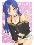  1girl 82k_mugi absurdres animal_print belt black_belt black_choker black_shirt black_thighhighs blue_hair blush border brown_eyes choker closed_mouth collarbone cowboy_shot earrings fingernails gyaru half-closed_eyes hand_on_own_thigh hand_up heart heart_background highres idolmaster idolmaster_(classic) idolmaster_million_live! idolmaster_million_live!_theater_days jewelry kisaragi_chihaya leaning_forward leopard_print long_hair long_sleeves looking_at_viewer midriff nail_polish navel necklace onitsuyo_mind_(idolmaster) outline outside_border pink_background pink_nails shirt short_shorts shorts single_thighhigh smile solo standing star_(symbol) star_earrings star_necklace thighhighs white_border white_outline white_shorts 