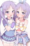  2girls :d bead_bracelet beads blue_skirt bracelet checkered_clothes checkered_jacket closed_mouth clothes_around_waist frilled_skirt frills gradient_background hair_ornament hair_ribbon heart heart_hair_ornament highres hiiragi_kagami hiiragi_tsukasa jacket jacket_around_waist jewelry long_hair lucky_star multiple_girls nicomi-chan purple_eyes purple_hair purple_shirt ribbon shirt short_hair siblings sidelocks simple_background sisters skirt smile striped_tank_top tank_top twins twintails v white_background 