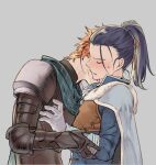  2boys armor black_hair blue_cape blush breastplate cape collared_cape commentary english_commentary felix_hugo_fraldarius fire_emblem fire_emblem:_three_houses fire_emblem_warriors:_three_hopes fur_trim gauntlets gloves green_scarf grey_background hand_on_another&#039;s_arm kiss kissing_neck leather_armor long_sleeves male_focus multiple_boys natsuyon nervous_sweating orange_hair parted_lips patterned_clothing pauldrons ponytail popped_collar profile scarf short_hair short_sideburns shoulder_armor simple_background sweat sylvain_jose_gautier upper_body white_fur white_gloves white_trim yaoi 
