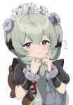  1girl absurdres animal_bag apron bear_bag blush bow bowtie corin_wickes green_hair highres holding holding_own_hair light_blush looking_at_viewer maid maid_apron maid_headdress purple_eyes screw_hair_ornament simple_background solo twintails white_apron wrist_cuffs yukin_(yukin8210) zenless_zone_zero 